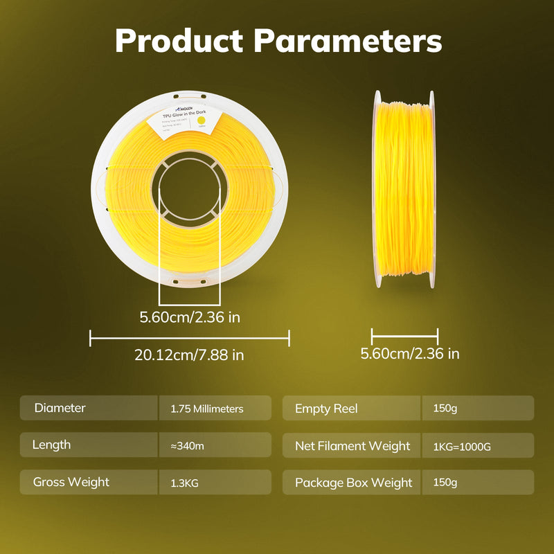Amolen TPU glow-in-the-dark 1.75mm filament spool, showing flexible translucent material with glowing effect in low light.