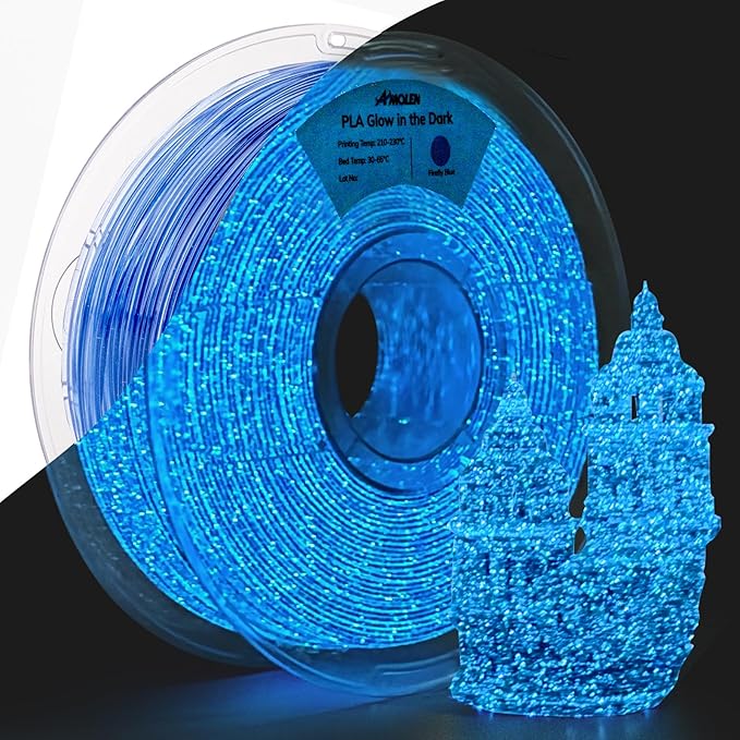 Amolen glow-in-the-dark PLA filament spools in 1.75mm, 1kg roll, with greenish hue visible in low light conditions.