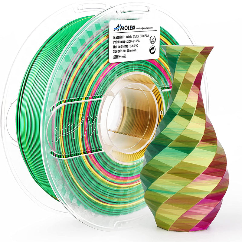 Amolen PLA Silk Triple Color 1.75mm 3D printing filament spool, showcasing vibrant multicolor PLA filament for 3D printing.