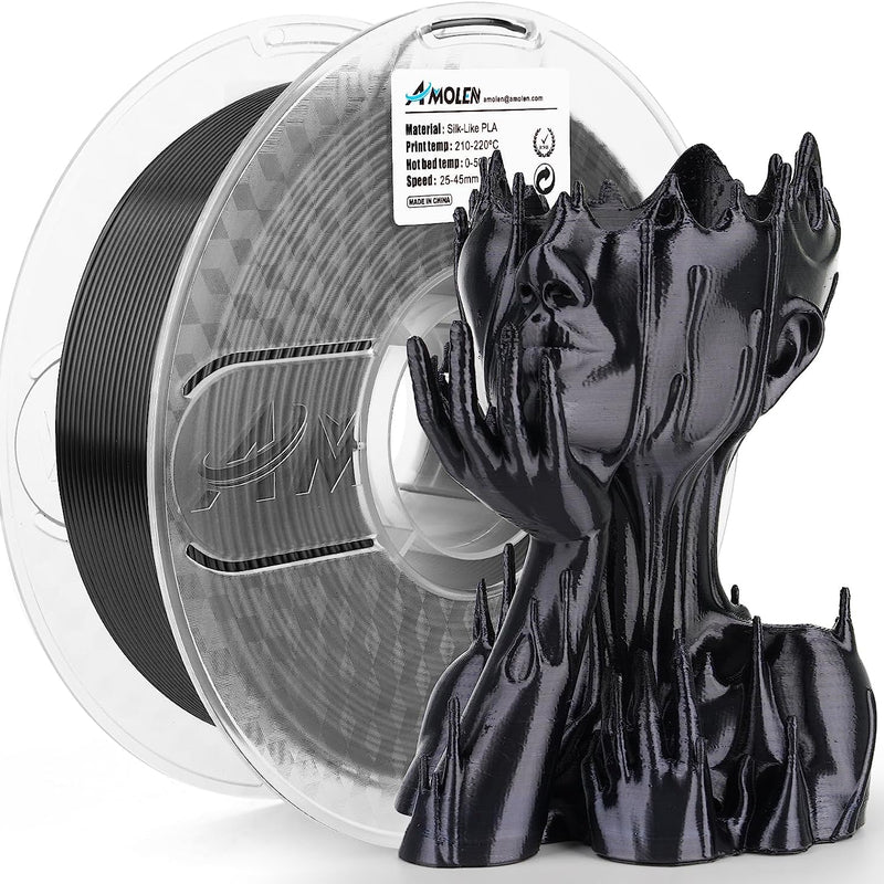 Amolen PLA Silk Basic 1.75mm filament in 1kg spool, showcasing shiny, smooth purple 3D printing filament for creative projects.