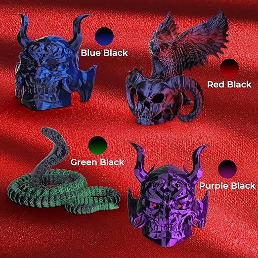 Amolen PLA Silk dual color 4-pack filament, 200g each, 1.75mm diameter, showcasing vibrant, shiny 3D printing filament in bright colors.