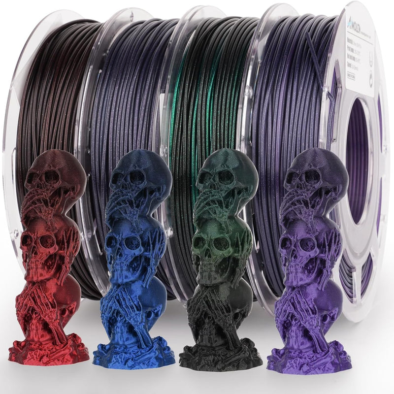 Amolen PLA Silk shiny gradient filament variety pack with four 200g spools of 1.75mm PLA filament, showcasing vibrant colors.
