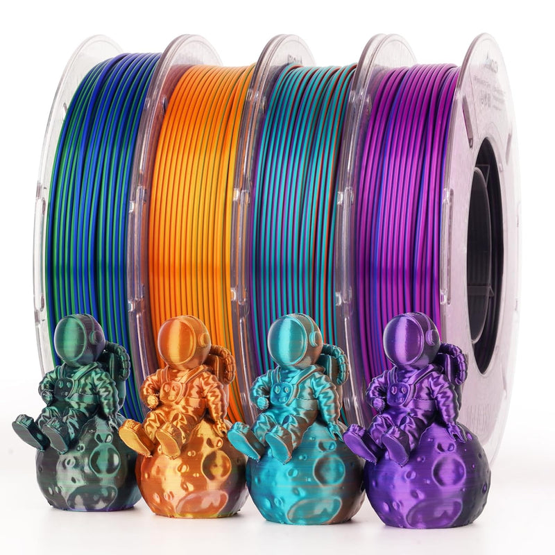 Amolen PLA Silk triple color variety pack with four 200g spools of 1.75mm filament, showcasing vibrant silk-like PLA filament.