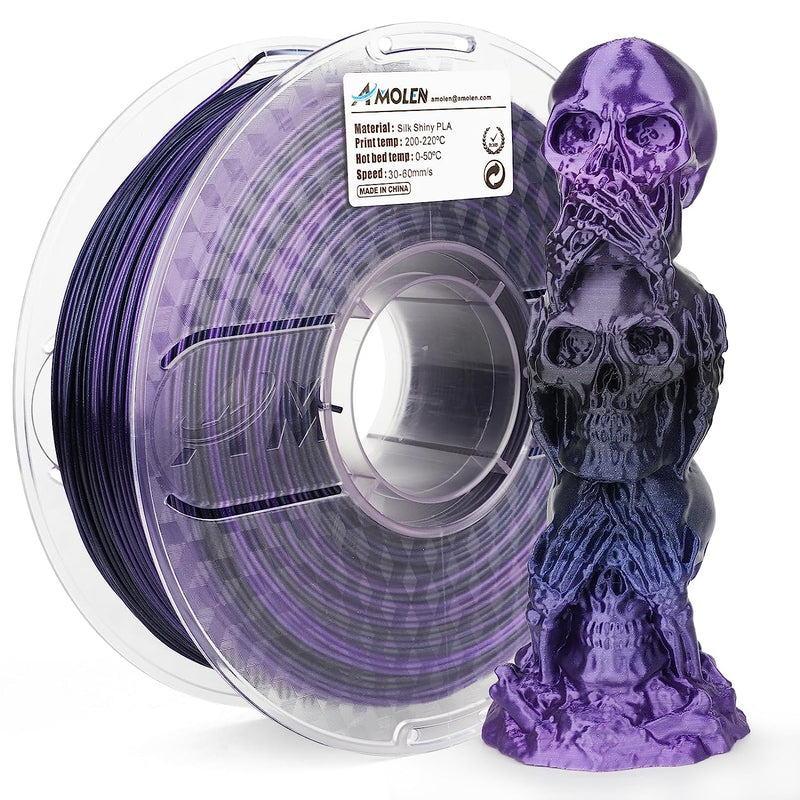 Amolen PLA Silk Shiny Gradient 1.75mm filament spool, 1kg, showcasing vibrant, glossy 3D printing filament in a colorful gradient.
