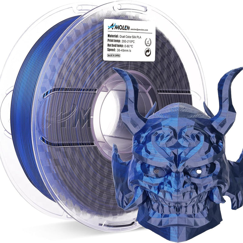 Amolen PLA Silk dual color 1.75mm filament spool, 1kg, showcasing vibrant, shiny dual-tone 3D printing filament for creative projects.