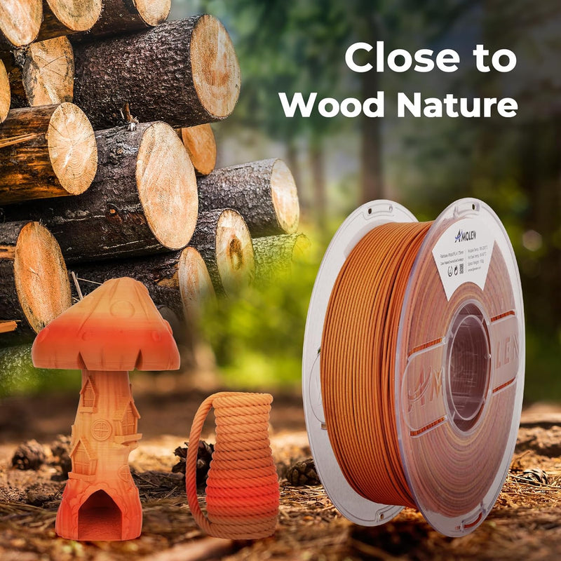 Amolen PLA Wood 1.75mm filament in 1kg spool, showing natural wood-colored 3D printing filament for creative projects.