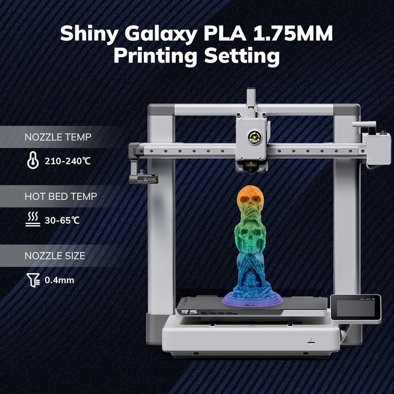 Amolen PLA Galaxy sparkle filament spool showing shiny, colorful 3D printing filament in 1.75mm diameter, 1kg weight.