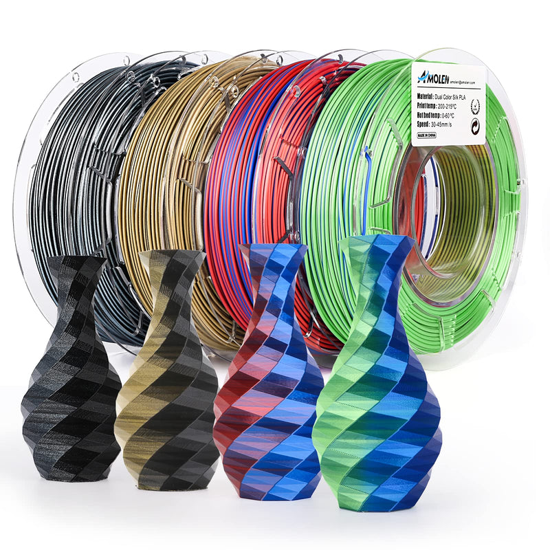 Amolen PLA Silk dual color 3D printing filament pack with four 200g spools, 1.75mm diameter, showcasing vibrant filament colors.