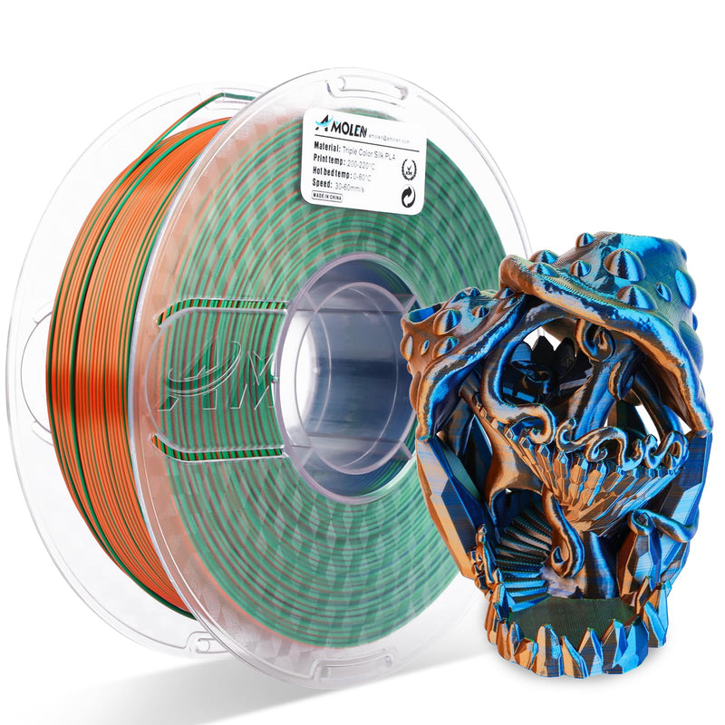 Amolen PLA Silk triple color 1.75mm filament spool, 1kg, 2.2lb, showcasing vibrant, glossy 3D printing filament.