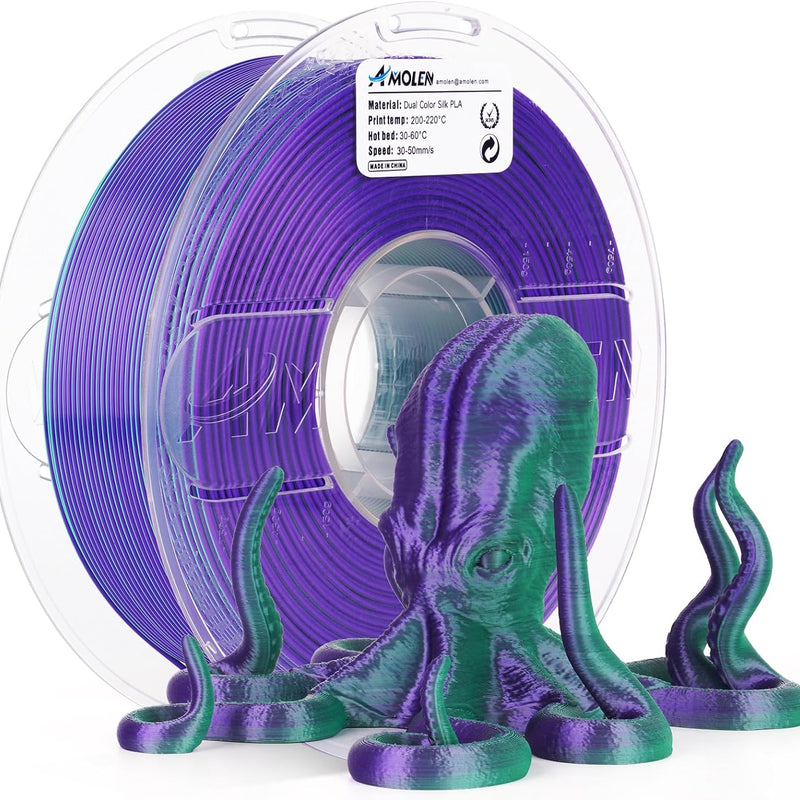 Amolen PLA Silk dual color 3D printing filament, 1.75mm, 1kg, vibrant silk finish for 3D printers.