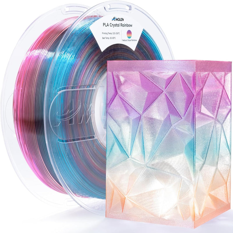 Amolen PLA crystal-transparent 1.75mm filament spool for 3D printing, showing the clear, glossy filament wound on the reel.