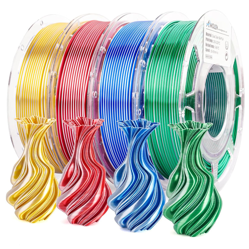 Amolen PLA Silk dual color 3D printing filament pack with four 200g spools of 1.75mm filament in vibrant colors