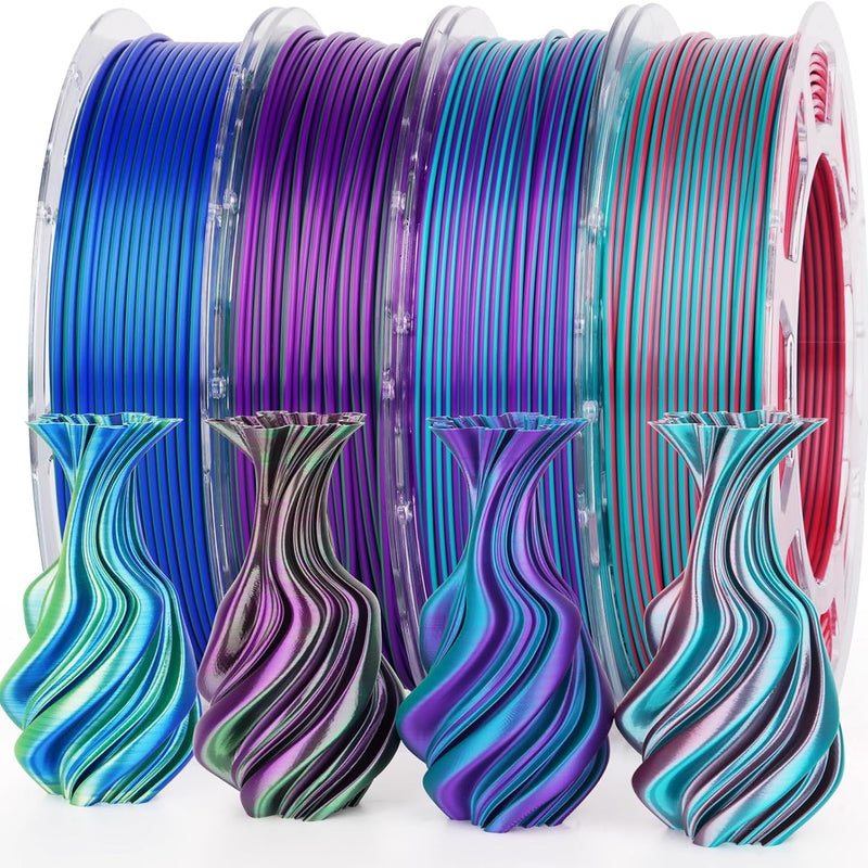 Amolen PLA Silk dual color 3D printing filament pack with four 200g spools of 1.75mm PLA silk filament in vibrant colors.