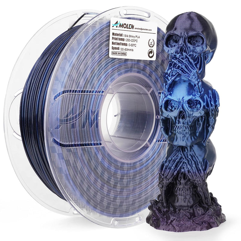 Shiny gradient PLA silk filament by Amolen, 1.75mm, 1kg spool, showcasing vibrant, glossy filament for 3D printing.