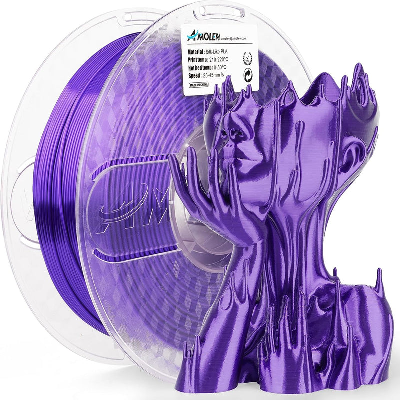 Amolen PLA Silk Basic 1.75mm 1KG filament spool for 3D printing, showcasing shiny, smooth filament in a clear spool.