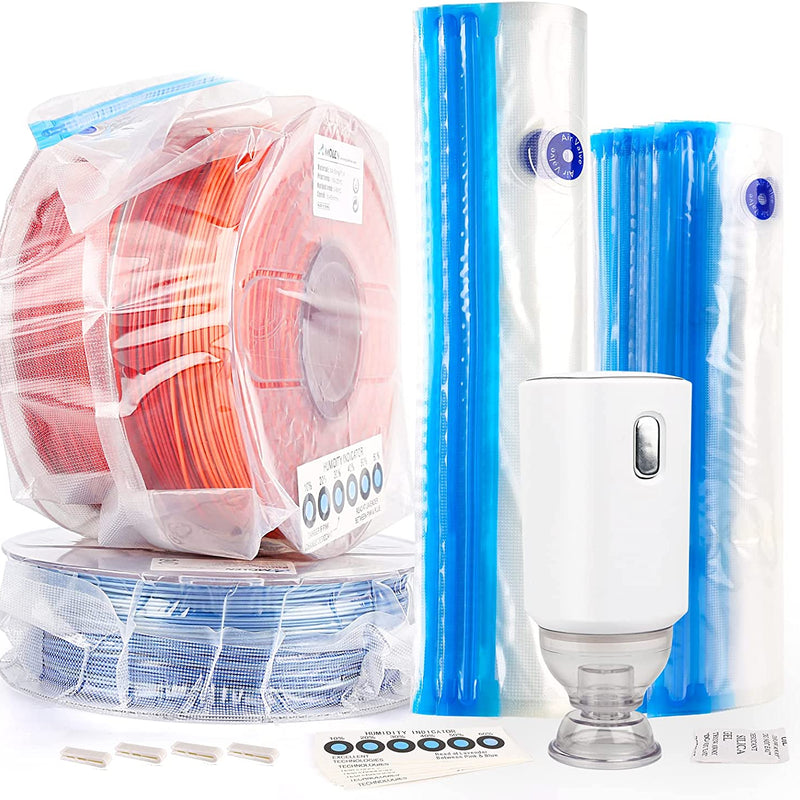 Amolen vacuum filament storage kit in a clear storage bag, designed for organizing and preserving 3D printer filament spools.