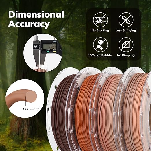 Amolen PLA wood variety pack with four 200g spools of biodegradable 3D printing filament in natural wood finishes