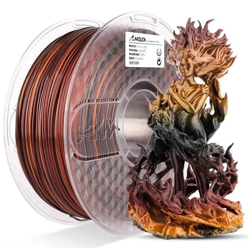 Shiny gradient Amolen PLA Silk 1.75mm 3D printing filament in 1kg spool, showcasing vibrant color transition and smooth texture.