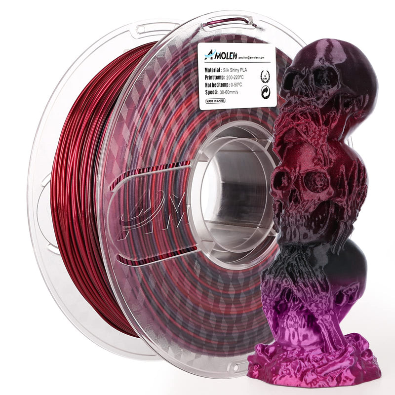 Shiny gradient PLA silk filament in 1.75mm, 1KG spool by Amolen for 3D printing, with smooth, glossy finish and vibrant color transitions.