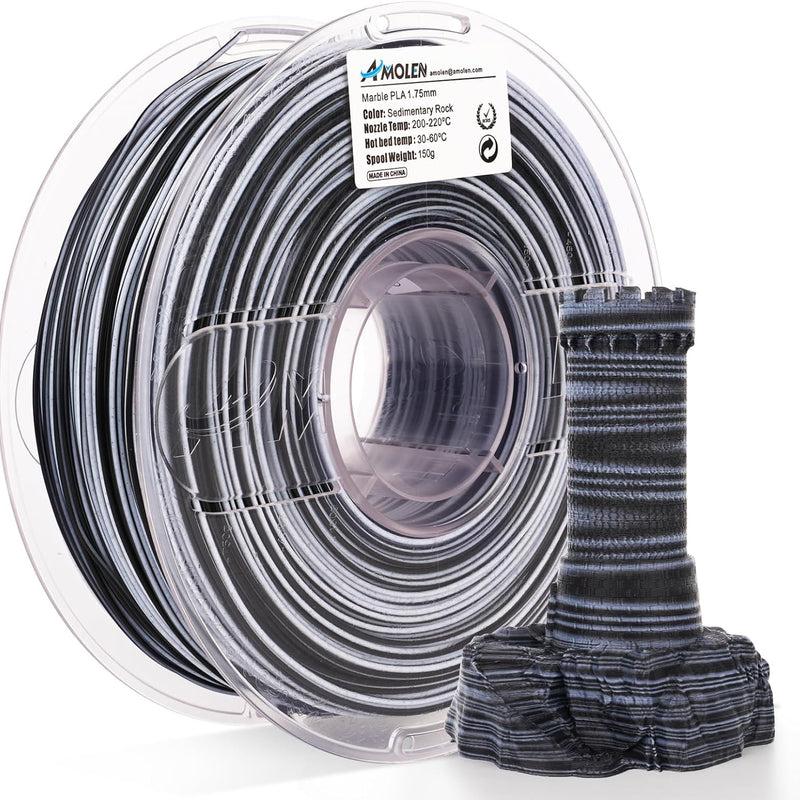 Amolen PLA Marble 1.75mm filament spool, 1kg/2.2lb, showing colorful marble design for 3D printing projects.