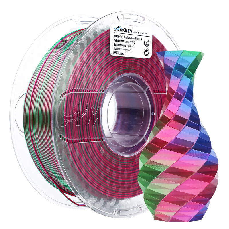 Amolen PLA Silk Triple Color 1.75mm 3D printing filament spool showing vibrant multicolor PLA filament.
