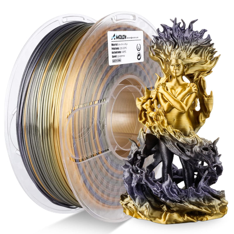 Shiny gradient PLA Silk filament from Amolen, 1.75mm, 1KG spool, smooth and vibrant for 3D printing.