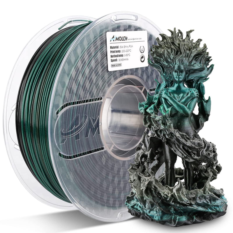Amolen PLA Silk shiny gradient filament spool in 1.75mm, 1kg, showcasing smooth, vibrant color transitions for 3D printing.