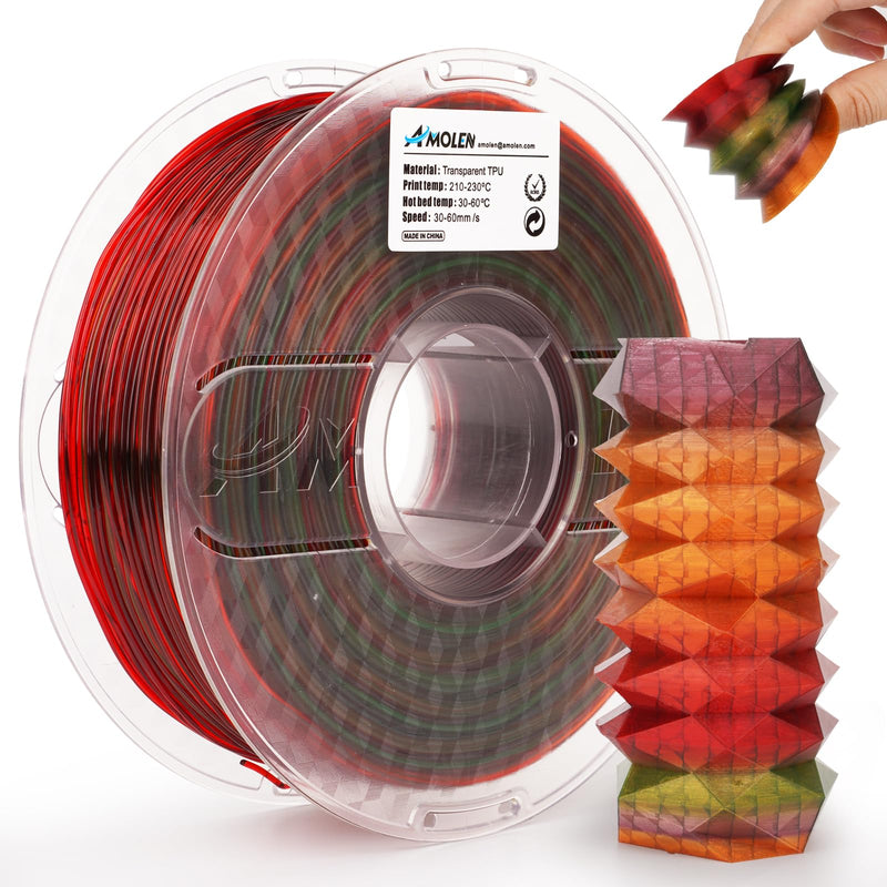 Amolen TPU Rainbow 1.75mm filament spool, 1kg, showing vibrant rainbow-colored 3D printing filament for versatile creative projects.