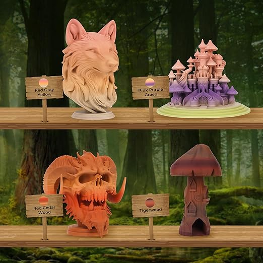 Amolen PLA Wood Variety Pack with four 200g spools of natural-colored biodegradable 3D printing filament.
