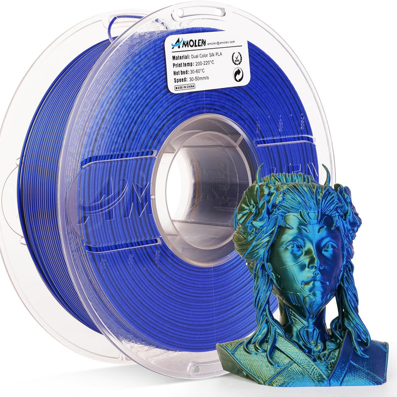 Amolen PLA Silk dual color 3D printing filament, 1.75mm, 1kg, vibrant silk finish with smooth color transition