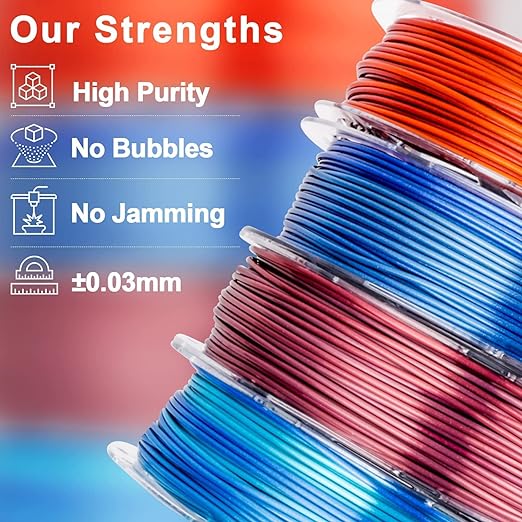 Amolen PLA Silk shiny gradient 4-color filament pack, 200g each, 1.75mm diameter, ideal for 3D printing projects.