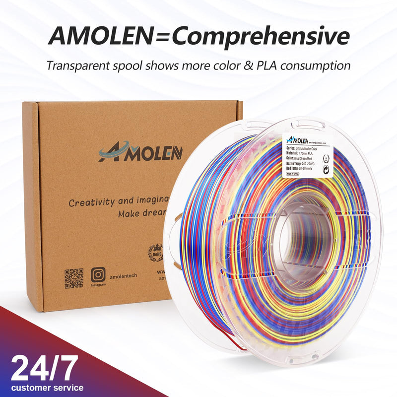 Amolen PLA Silk S-Series Variety Pack 4x1kg 1.75mm filament spools in various colors, showcasing vibrant filament strands.