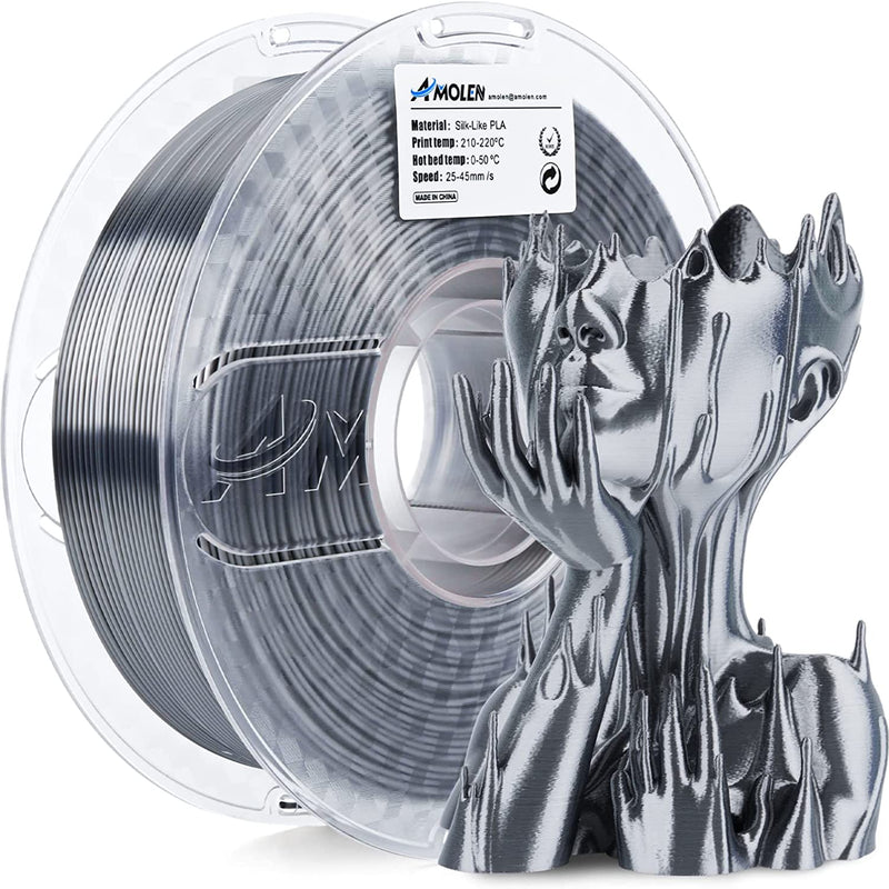 Amolen PLA Silk Basic 1.75mm filament in 1kg spool, smooth, shiny 3D printing filament for creative projects.