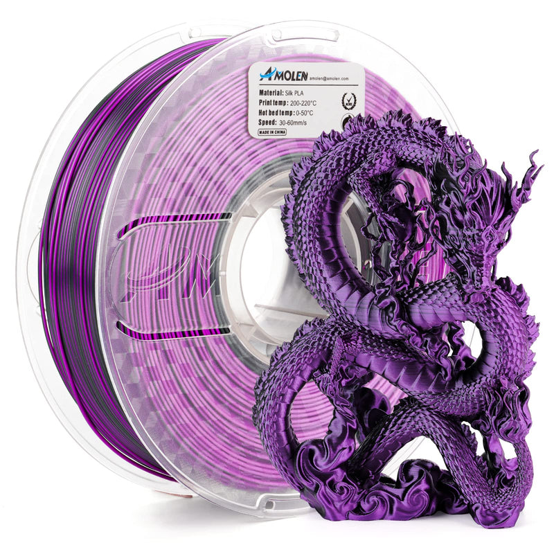 Amolen PLA Silk dual color filament 1.75mm, 1kg spool showing vibrant, glossy filament with dual color design for 3D printing.