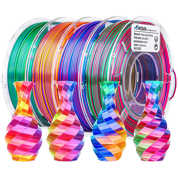Amolen PLA Silk Triple Color Variety Pack with four 200g spools of 1.75mm filament in vibrant colors, suitable for 3D printing.