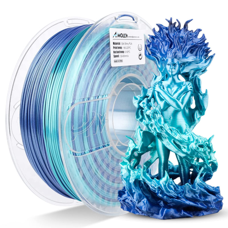 Shiny gradient PLA silk filament by Amolen, 1.75mm, 1KG spool, showcasing smooth, colorful 3D printer filament.
