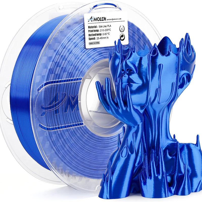Amolen PLA Silk Basic 1.75mm filament spool, 1kg, showcasing shiny, smooth 3D printing filament for versatile projects.