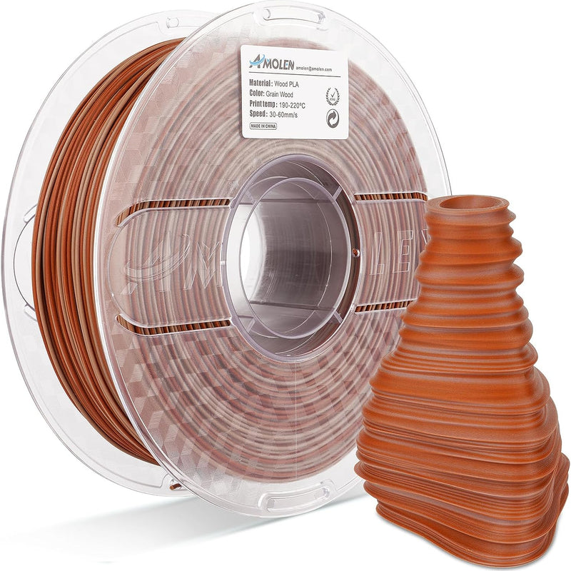 Amolen PLA Wood 1.75mm filament in 1kg spool, showcasing the wood-like textured filament for 3D printing.