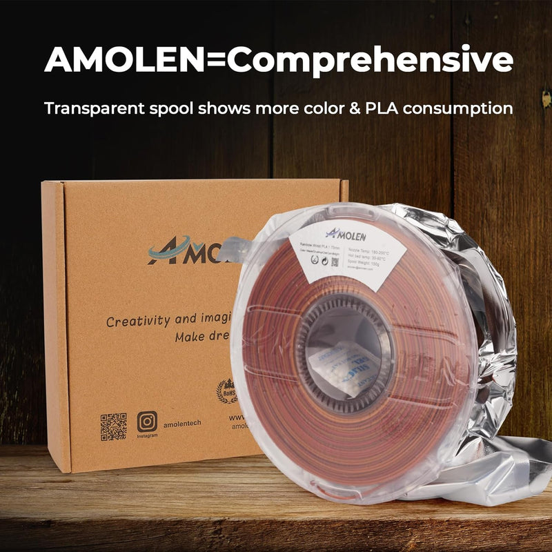 Amolen PLA Wood 1.75mm filament spool, 1kg/2.2lb for 3D printing, showcasing the wood-textured filament on a spool.