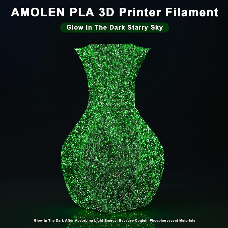 Amolen PLA glow in the dark 4-pack, 200g each, colorful biodegradable 3D printing filament with luminous properties.