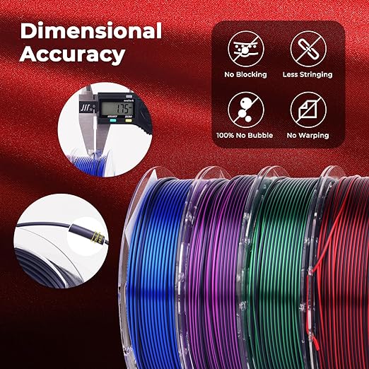 Amolen PLA Silk Dual Color Variety Pack, 4x200g 1.75mm filament spools with vibrant, shiny dual-color PLA for 3D printing.