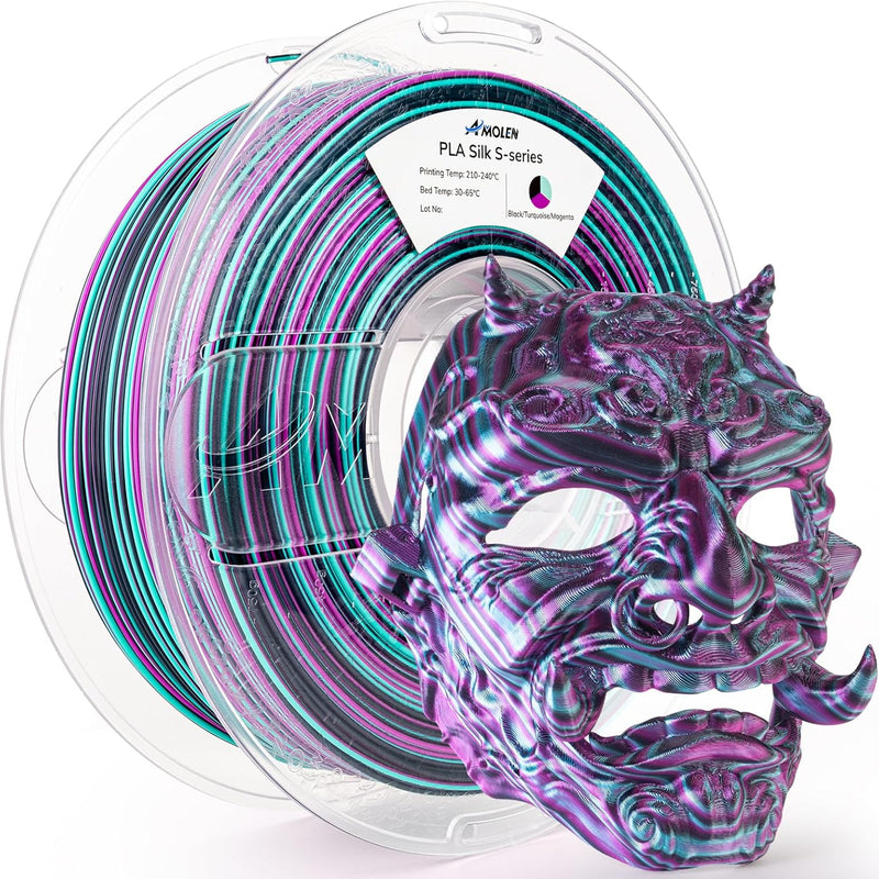 Amolen PLA Silk S-Series filament 1.75mm in 1kg spool, showcasing shiny, smooth 3D printing filament with vibrant color.