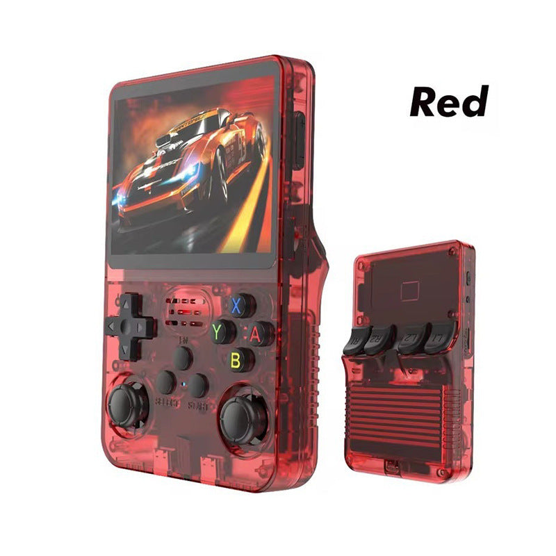 American Smart R36S portable handheld retro arcade joystick gaming console with colorful buttons and vintage design.