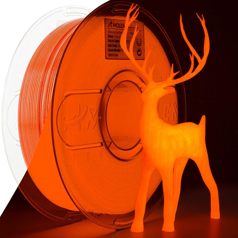 Amolen PLA glow-in-the-dark filament spool, 1.75mm diameter, 1kg weight, shown in a close-up image.