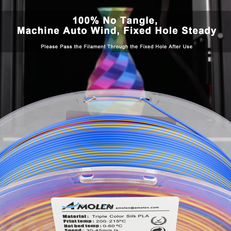 Amolen PLA Silk Triple Color filament spool showing vibrant gold, fuchsia, and blue PLA silk 3D printing filament.