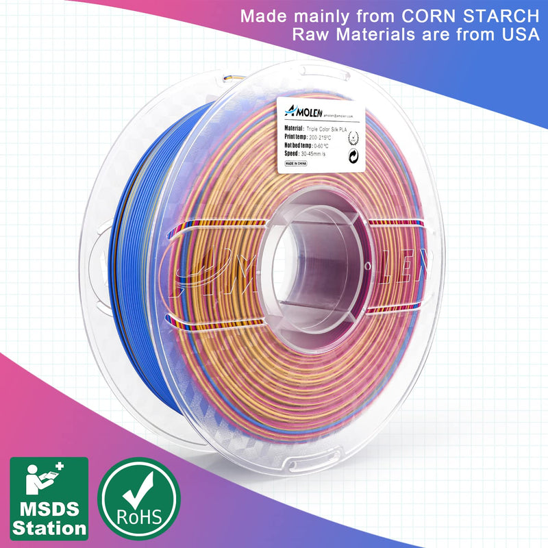 Amolen PLA Silk triple color filament pack with gold, fuchsia, and blue colors, 4x200g, 1.75mm 3D printing filament