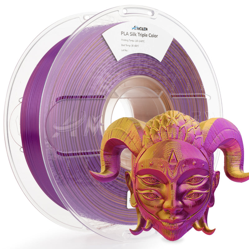 Amolen PLA Silk triple color 1.75mm 3D printer filament spool, 1kg weight, vibrant multicolor filament for 3D printing.
