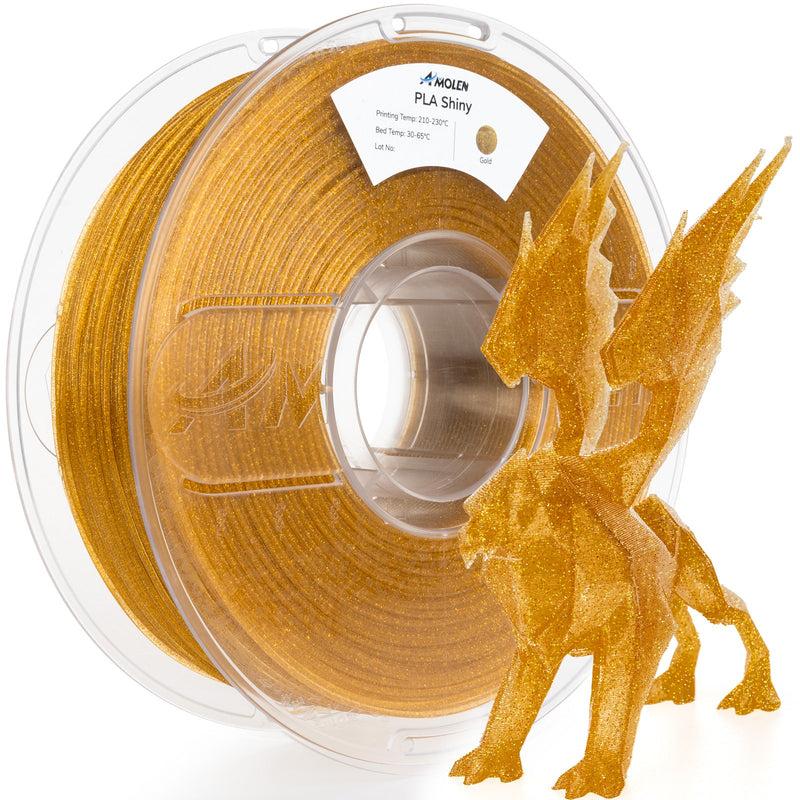 Shiny gold Amolen PLA glitter filament spool, 1.75mm, 1kg, showcasing the glossy, sparkly filament for 3D printing.