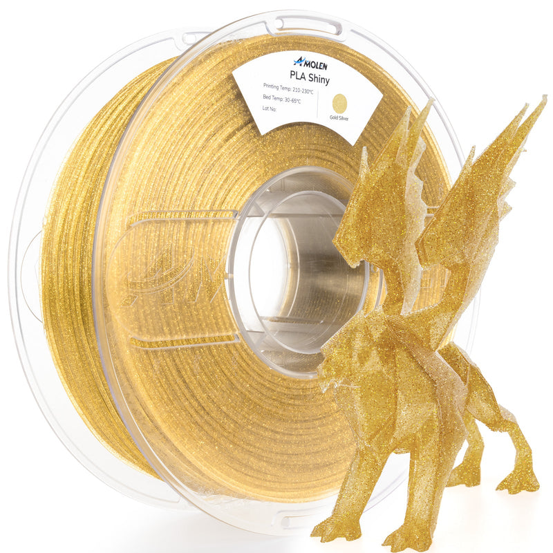 Shiny silver Amolen PLA filament spool, 1.75mm diameter, 1kg weight, with glittery finish for 3D printing projects.