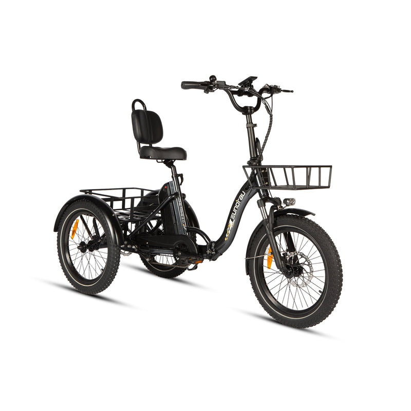 Black EUNORAU E-BIKE US ONE-TRIKE 2.0 electric bicycle with three wheels, sleek design, and sturdy frame.